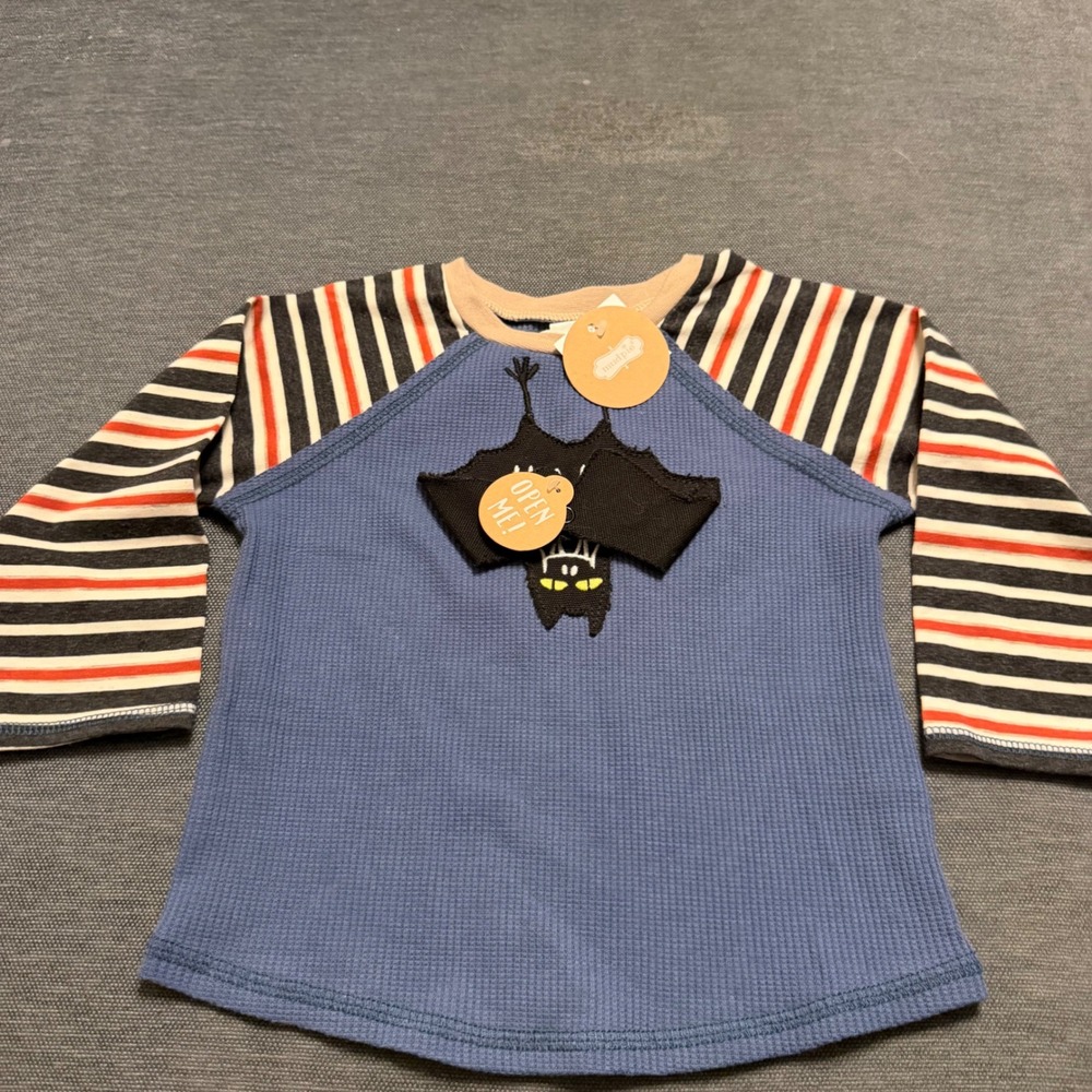 Mud Pie Kids Bat Halloween Tee Blue Waffle Knit Striped Raglan 12-18M 15100140B‎